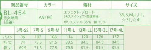 サーヴォ BL-454 男女兼用シャツ 防透、ステインオフ（防汚）など機能満載素材を使った、男女兼用の新スタンダードシャツ。すっきりとしたシルエットに、ボタンダウンが清潔感を印象付ける、長く着たい逸品です。胸元に切替え利用のポケット付き。後ヨーク切替え下の両サイドにタックを入れ、動きやすい工夫を。カフスには2ヶのボタンを付け、幅の調整が可能です。stainoffステインオフSR加工素材汚れを押し上げ、落ちやすくするステインオフ加工。東レの“ナノマトリックス”技術により、繊維と親和力の高いSR剤を被膜化。SR剤が洗液中で膨潤し、汚れを落ちやすくし、落ちやすくします。※SR（ソイルリリース）は、繊維に付着した汚れを落ちやすくする加工です。 サイズ／スペック