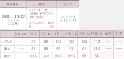 サーヴォ SBLL-1302 レディスブラウス(七分袖) 清潔感のある装いに防透・防汚の機能を加えた万能シャツ。stainoffステインオフSR加工素材汚れを押し上げ、落ちやすくするステインオフ加工。東レの“ナノマトリックス”技術により、繊維と親和力の高いSR剤を被膜化。SR剤が洗液中で膨潤し、汚れを落ちやすくし、落ちやすくします。※SR（ソイルリリース）は、繊維に付着した汚れを落ちやすくする加工です。 サイズ／スペック