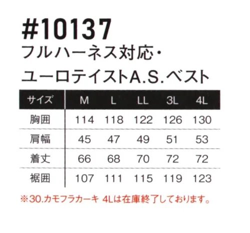 アイズフロンティア 10137 フルハーネス対応 ユーロテイストA.S. ベスト ※この商品につきましては、在庫のある場合でもご注文後3～4日後の出荷が最短となります。予めご了承のほどよろしくお願い致します。AIR CYCLONE SYSTEM アイズフロンティアが放つE.F.ウェアの新たなる世界観。ユーロテイスト溢れるそのルックスは止むことのないチャレンジの証。・アイズフロンティアが表現するリッチなユーロテイストの世界観が、ワークシーンに異彩を放ちます。ファスナー等、各資材にも拘り、さらなるファッション性アップを実現。・表面のストロングシレ加工により適度な密封性と引き裂き強度を併せ持つポリエステルタフタを使用。エアロフロー効果を最大限に高めます。・生地裏側にはアルミコーティングを施し、マイナス5℃の遮熱性とUVカット率99.5％の遮蔽率を両立させ、衣服内の温度上昇を抑えます。・背面首ぐり部分の特許取得構造により、首もとからの安定した風の排出を実現。・カジュアルなルックスも、フルハーネス対応モデルでハードワーカー様にも対応可能。※ファン・バッテリー等デバイスは別売りです。※AIR CYCLONE SYSTEMご着用の際は、必ず専用のCOOLING BLASTのファン・バッテリーをご使用ください。他社のバッテリーを使用した際の事故や故障につきましては責任を負いかねます。※「30 カモフラカーキ 4L」は販売を終了致しました。※この商品はご注文後のキャンセル、返品及び交換は出来ませんのでご注意ください。※なお、この商品のお支払方法は、前払いにて承り、ご入金確認後の手配となります。 サイズ／スペック