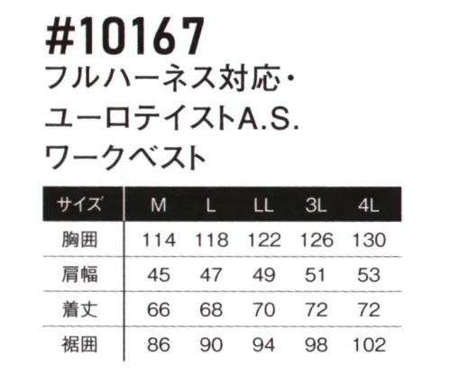 アイズフロンティア 10167 フルハーネス対応 ユーロテイストA.S. ワークベスト ※この商品につきましては、在庫のある場合でもご注文後3～4日後の出荷が最短となります。予めご了承のほどよろしくお願い致します。AIR CYCLONE SYSTEM アイズフロンティアが放つE.F.ウェアの新たなる世界観。ユーロテイスト溢れるそのルックスは止むことのないチャレンジの証。・アイズフロンティアが表現するリッチなユーロテイストの世界観が、ワークシーンに異彩を放ちます。大胆なロゴプリントやジャガード柄裾ゴム等計算しつくされた様々なデコレーションが、更なるファッション性アップを実現。・素材表面のストロングシレ加工により適度な密封性と引裂き強度を併せ持つポリエステルタフタを使用。エアロフロー効果を最大限に高めます。・従来のタフタ素材商品より高密度&軽量化を実現。更なる高級感アップと着心地の良さを実現しました。・生地裏側にはアルミコーティングを施し、マイナス5℃の遮熱性とUVカット率99.5％の遮蔽率を両立させ、衣服内の温度上昇を抑えます。・背面首ぐり部分の特許取得構造により、首もとからの安定した風の排出を実現。・カジュアルなルックスも、フルハーネス対応モデルでハードワーカー様にも対応可能。・プラスチックファスナーやドット釦等は国産YKK社製を使用。細部にまで品質に拘っています。※ファン・バッテリー等デバイスは別売りです。※AIR CYCLONE SYSTEMご着用の際は、必ず専用のCOOLING BLASTのファン・バッテリーをご使用ください。他社のバッテリーを使用した際の事故や故障につきましては責任を負いかねます。※この商品はご注文後のキャンセル、返品及び交換は出来ませんのでご注意ください。※なお、この商品のお支払方法は、前払いにて承り、ご入金確認後の手配となります。 サイズ／スペック