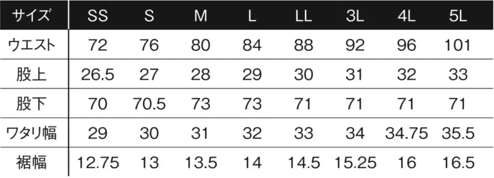 アイズフロンティア 5403 パウダーエアーストレッチジョガーパンツ サイズ・スペック