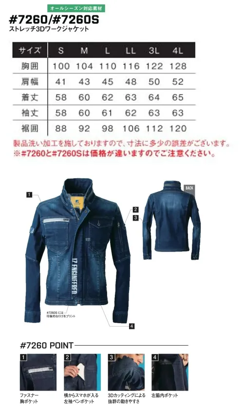 アイズフロンティア 7260S ストレッチ3D ワークジャケット(ネオンインディゴ) サイズ／スペック