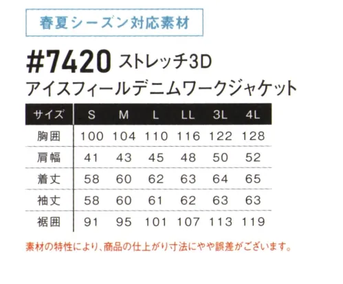 アイズフロンティア 7420 ストレッチ3D アイスフィールドデニムワークジャケット ※この商品につきましては、在庫のある場合でもご注文後3～4日後の出荷が最短となります。予めご了承のほどよろしくお願い致します。大胆不敵なデザイン性が放つ圧倒的存在感、究極のライダースデニムシリーズにアイズフィールモデル登場。・前AWシーズンに大好評を博したライダーススタイルデニムワークウェアのSSシーズンモデルが登場。・ナノレベルまで砕いた冷感鉱物を裏面繊維内部に練り込み、ハイレベルな接触冷感機能を発揮します。・肌面繊維の特殊構造により人体の汗を素早く吸収・拡散。従来のデニム素材に比べて快適性がアップしたハイレベルな吸水速乾機能。・紫外線遮蔽率97％/UPF49を誇るセラミック練り込み繊維を肌面に使用し、高い遮熱性能を発揮します。・ライトウェイトの素材でありながら、基準値タテ約2.5倍、ヨコ約5倍のハイレベルな引裂き強度を併せ持ちます。・適度な伸長率（ヨコ約26％）を有する快適なストレッチ性能。汗ばむ季節でもストレスの少ない動きやすさを実現すると共に、高い伸長回復率（1時間後約87％）により安定したスタイリングをキープします。・素材のみならず、絶妙な3Dカッティングにより更なる動きやすさとスタイリッシュなルックスを両立。・他には類を見ないアイズフロンティアならではの圧倒的なデザイン性。ライダーステイストにスポーツフィーリングを絶妙に融合。更にレタリングラバープリントによりユーロテイストをプラス。至高の存在感を発揮します。・特殊な製品洗い加工を施し・ワイルド・気品溢れるルックスを実現。・プラスチック&金属ファスナー、ドット釦等は国産YKK社製を使用。細部にまで品質に拘っています。※素材の特性により、商品の仕上がり寸法にやや誤差がございます。※この商品はご注文後のキャンセル、返品及び交換は出来ませんのでご注意ください。※なお、この商品のお支払方法は、前払いにて承り、ご入金確認後の手配となります。 サイズ／スペック