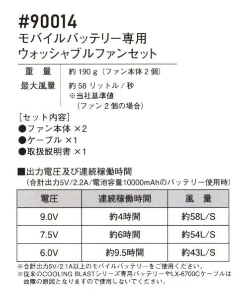 アイズフロンティア 90014 モバイルバッテリー専用ウォッシャブルファンセット ※この商品につきましては、在庫のある場合でもご注文後3～4日後の出荷が最短となります。予めご了承のほどよろしくお願い致します。AIR CYCLONE SYSTEM × COOLING BLAST™TO THE NEXT STAGE 更なる可能性を見据えE.Fデバイスは新たなる領域へ。・高品質なクーリングブラスト初のモバイルバッテリー(USB-Aタイプ)専用ファンセットがアイズフロンティアパッケージで新登場。・付属の昇圧ケーブルを使用する事で従来の専用バッテリーに迫る風量を実現(最大風量約58L/S)。・風量は3段階([Hモード・9V]約4時間約58L/S[Mモード・7.5V]約6時間約54L/S[Lモード・6V]約9.5時間 約43L/S)の切り替えが可能。お好みの風量に調節できます。・業界初!ファンを分解して水洗い可能!お手入れ後、常に清潔な状態で使用可能(モーター部品のみ水洗い不可)。・ブラシレスモーター採用で従来モデルからの薄型化、軽量化を実現!・USB-A･合計出力5V/2.1A以上の一般的なモバイルバッテリーであれば、その他市販の物でも使用可能です(低価格品の合計出力が基準値以下の物は使用不可)。・より安心してご使用いただく際は、高品質な弊社モバイルバッテリー#90015とのセット使用を推奨いたします。薄型でスタイリッシュ!ブラシレスモーター採用で「軽くて薄い」を実現。従来薄型ファン（LX-6700FC2）と比較し、薄型化・軽量化しました。モバイルバッテリー専用ケーブル(USB-Aタイプ)…低(LOW)、中(MIDDLE)、高(HIGH)と3段階切り替えができ、お好みの風量に自由に調節できます。【セット内容】・ファン本体×2・モバイルバッテリー専用ケーブル×1(USB-A タイプ)・取扱説明書×1※バッテリーは別売りになります。対応バッテリーセット:90015※安全、快適なご使用の為に、ご使用前にパッケージの注意書き、取扱説明書を最後までお読みいただき、使用方法、注意事項など内容を十分ご理解の上、ご使用下さい。※AIR CYCLONE SYSTEMご着用の際は、必ず専用のCOOLING BLASTのファン・バッテリーをご使用ください。他社のバッテリーを使用した際の事故や故障につきましては責任を負いかねます。※この商品はご注文後のキャンセル、返品及び交換は出来ませんのでご注意ください。※なお、この商品のお支払方法は、前払いにて承り、ご入金確認後の手配となります。 サイズ／スペック