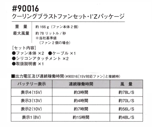 アイズフロンティア 90016 クーリングブラストファンセット I’Zパッケージ ※この商品につきましては、在庫のある場合でもご注文後3～4日後の出荷が最短となります。予めご了承のほどよろしくお願い致します。AIR CYCLONE SYSTEM × COOLING BLAST™15V＆デュアルウインドシステムが生み出す新世紀の風を体感せよ！身体に「やさしい」「強風」が衣類内を駆け巡る！・高機能なクーリングブラストデバイスのアイズフロンティアパッケージが登場。・ブラシレスモーター採用で従来商品比約30％の薄型化、軽量化を実現！・ファンセットに付属されたシリコンアタッチメント装着により、従来の直流風から拡散風へと風の流れを切り換え可能。風量を軽減する事なく長時間のご使用でも身体にやさしい送風を実現するデュアルウインドシステムを搭載。・従来品（LX-6700FC2）より約30％薄型化！・長時間の使用でも身体にやさしいデュアルウィンドシステム。シリコンアタッチメント装着で直流風を拡散風に切り替え可能。【セット内容】・ファン本体×2・ケーブル×1・シリコンアタッチメント×2・取扱説明書×1※バッテリーは別売りになります。バッテリーセット:90017※安全、快適なご使用の為に、ご使用前にパッケージの注意書き、取扱説明書を最後までお読みいただき、使用方法、注意事項など内容を十分ご理解の上、ご使用下さい。※AIR CYCLONE SYSTEMご着用の際は、必ず専用のCOOLING BLASTのファン・バッテリーをご使用ください。他社のバッテリーを使用した際の事故や故障につきましては責任を負いかねます。※この商品はご注文後のキャンセル、返品及び交換は出来ませんのでご注意ください。※なお、この商品のお支払方法は、前払いにて承り、ご入金確認後の手配となります。 サイズ／スペック