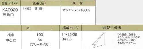 今昔草子　神馬本店 KA0020 三角巾 【かわり市松】 （神馬本店の今昔草子のアイテムです）いにしえの柄をモダンにアレンジ。和の風情に、斬新な遊び心。伝統的な柄に、個性という息吹を与える。約2000年前から使われている象形文字の一つ「篆書体」。実印やお札の刻印に使われているこの書体で、「今昔草子」の文字を、碁盤の目のような「市松模様」の中に並べました。江戸時代の美貌の俳優、佐野川市松が纏った袴の紋様から生まれた市松模様と、個性的な篆書体のデザインを組み合わせたプリント柄です。和の風情漂うシックな色合いにまとめたので、遊び心の中にも、重圧感や信頼感がかもしだされる働き着です。 サイズ／スペック