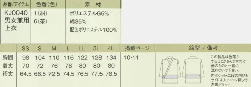 今昔草子　神馬本店 KJ0040 男女兼用上衣 【かわり市松】 （神馬本店の今昔草子のアイテムです）いにしえの柄をモダンにアレンジ。和の風情に、斬新な遊び心。伝統的な柄に、個性という息吹を与える。約2000年前から使われている象形文字の一つ「篆書体」。実印やお札の刻印に使われているこの書体で、「今昔草子」の文字を、碁盤の目のような「市松模様」の中に並べました。江戸時代の美貌の俳優、佐野川市松が纏った袴の紋様から生まれた市松模様と、個性的な篆書体のデザインを組み合わせたプリント柄です。和の風情漂うシックな色合いにまとめたので、遊び心の中にも、重圧感や信頼感がかもしだされる働き着です。 サイズ／スペック