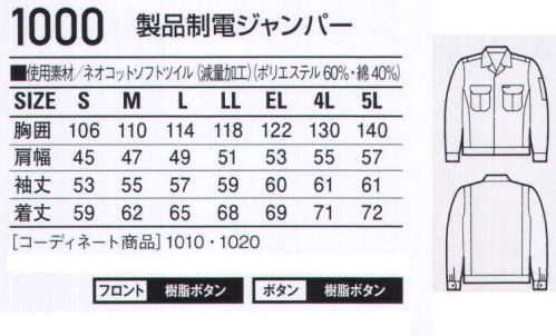 自重堂 1000 製品制電ジャンパー 製品制電ジャンパー●ノーフォーク●前立て比翼仕様※こちらの商品は取り寄せのため、ご注文から商品お届けまでに約4～5営業日（土日祝祭日除く）程の期間をいただいております。  サイズ／スペック