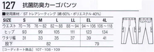 自重堂 127 抗菌防臭カーゴパンツ 両孫ポケット・右ペン差付カーゴポケット。小物やペンの収納のに便利。※こちらの商品は取り寄せのため、ご注文から商品お届けまでに約4～5営業日（土日祝祭日除く）程の期間をいただいております。  サイズ／スペック