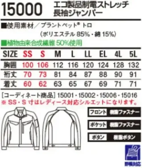 自重堂 15000 エコ製品制電ストレッチ長袖ジャンパー 15000 エコ製品制電ストレッチ長袖ジャンパーエコ×快適の新常識植物由来PRT繊維「PLANTPET®」を使用し、SDGsの達成に貢献できるエコロジカルなワークウエアシリーズ。特徴★SDGｓを考慮した植物由来PET繊維50％素材を使用★表素材だけでなく附属にも環境配慮型素材を使用★優れた帯電防止性を備えるJIS T8118適合商品★エコマーク&グリーン購入法対応商品仕様品番:15000品名:エコ製品制電ストレッチ長袖ジャンパーサイズ:SS，S，M，L，LL，EL，4L，5L（SS・S寸はレディース対応シルエットです） サイズ／スペック