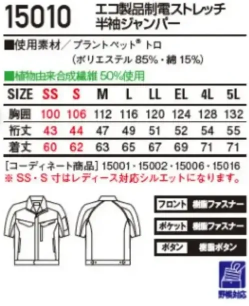 自重堂 15010 エコ製品制電ストレッチ半袖ジャンパー 15010 エコ製品制電ストレッチ半袖ジャンパーエコ×快適の新常識植物由来PRT繊維「PLANTPET®」を使用し、SDGsの達成に貢献できるエコロジカルなワークウエアシリーズ。特徴★SDGｓを考慮した植物由来PET繊維50％素材を使用★表素材だけでなく附属にも環境配慮型素材を使用★優れた帯電防止性を備えるJIS T8118適合商品★エコマーク&グリーン購入法対応商品仕様品番:15010品名:エコ製品制電ストレッチ半袖ジャンパーサイズ:SS，S，M，L，LL，EL，4L，5L（SS・S寸はレディース対応シルエットです） サイズ／スペック
