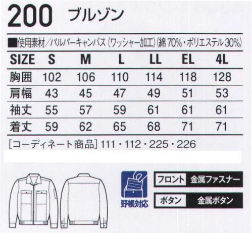 自重堂 200 ブルゾン 「パルパー」パルパーはポリエステルを上質なコットンで包み込んだ肌に優しい二層構造糸素材。吸放汗性、速乾性に優れているので、汗をかいても快適。ウォッシュ＆ケア性、防シワ性にも優れ、油が落ちやすい等の特長も持っています。※こちらの商品は取り寄せのため、ご注文から商品お届けまでに約4～5営業日（土日祝祭日除く）程の期間をいただいております。  サイズ／スペック