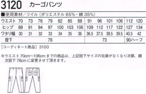 自重堂 3120 カーゴパンツ ※こちらの商品は取り寄せのため、ご注文から商品お届けまでに約4～5営業日（土日祝祭日除く）程の期間をいただいております。  サイズ／スペック