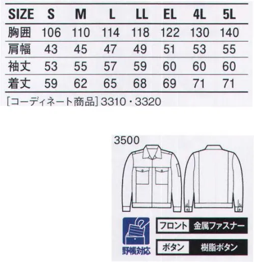 自重堂 3500 エコジャンパー（フロントファスナー仕様） ワーキングの原点。永遠のベストセラー。「製品制電」帯電防止JIS T8118適合商品（3500は除く）「エコ」環境負荷を軽減させるリサイクル素材を使用。※他のお色は品番「3300-B」になります。※こちらの商品は取り寄せのため、ご注文から商品お届けまでに約4～5営業日（土日祝祭日除く）程の期間をいただいております。  サイズ／スペック