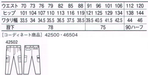 自重堂 42502 ツータックカーゴパンツ 商品機能紹介●パイピングデザイン●トリプルステッチ●右孫ポケット・ペン差付きカーゴポケット※こちらの商品は取り寄せのため、ご注文から商品お届けまでに約4～5営業日（土日祝祭日除く）程の期間をいただいております。  サイズ／スペック