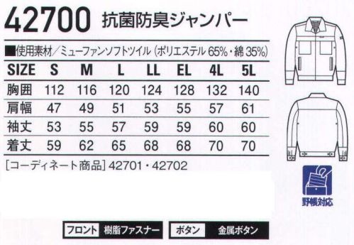 自重堂 42700 抗菌防臭ジャンパー 「ミューファン」抗菌・防臭性・帯電防止という、銀の特性を活かした素材です。銀イオンの効果で永続的な抗菌性を発揮し、導電の高い「銀」ならではの機能性が静電気を放電・除去。冬のパチパチや衣類へのまとわりつきを解消します。●背当てメッシュ●胸ポケット●携帯電話収納ポケット●トリプルステッチ●アイレット●ワンポイント●袖口アジャスター●腰帯アジャスター●内ポケット※こちらの商品は取り寄せのため、ご注文から商品お届けまでに約4～5営業日（土日祝祭日除く）程の期間をいただいております。  サイズ／スペック