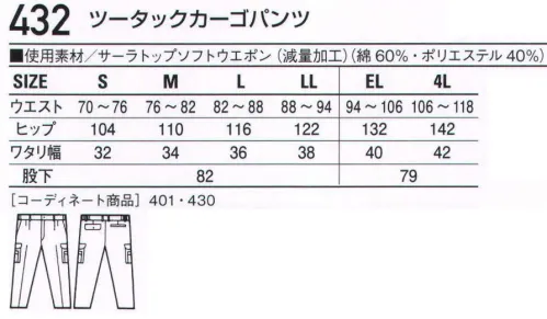 自重堂 432 ツータックカーゴパンツ ※こちらの商品は取り寄せのため、ご注文から商品お届けまでに約4～5営業日（土日祝祭日除く）程の期間をいただいております。  サイズ／スペック