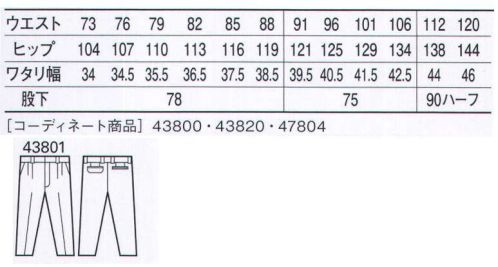 自重堂 43801 エコ5バリューツータックパンツ ワーカーたちの声に応えた「5つの機能」「ストレッチ」ストレッチ性のある素材でスムーズな動きをサポート「防汚加工」ついた汚れが落ちやすく清潔感をキープ（47804は除く）「製品制電」帯電防止JIS T8118適合商品。「エコ」環境負荷を軽減させるリサイクル素材を使用。※こちらの商品は取り寄せのため、ご注文から商品お届けまでに約4～5営業日（土日祝祭日除く）程の期間をいただいております。  サイズ／スペック