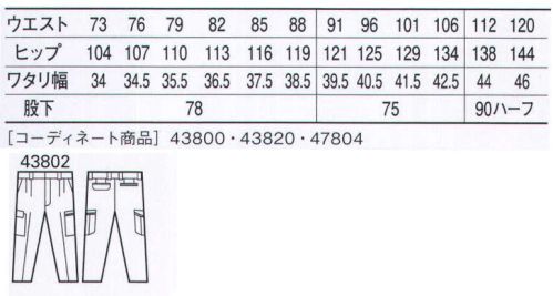 自重堂 43802 エコ5バリューツータックカーゴパンツ ワーカーたちの声に応えた「5つの機能」「ストレッチ」ストレッチ性のある素材でスムーズな動きをサポート「防汚加工」ついた汚れが落ちやすく清潔感をキープ（47804は除く）「製品制電」帯電防止JIS T8118適合商品。「エコ」環境負荷を軽減させるリサイクル素材を使用。※こちらの商品は取り寄せのため、ご注文から商品お届けまでに約4～5営業日（土日祝祭日除く）程の期間をいただいております。  サイズ／スペック