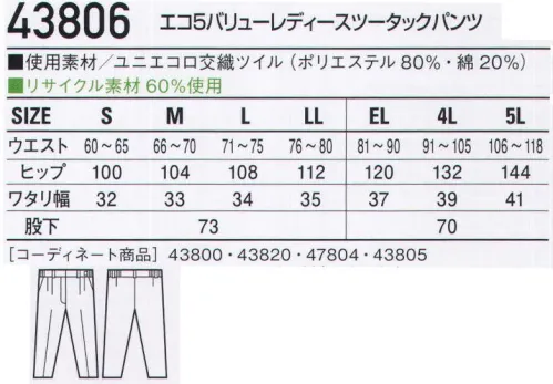 自重堂 43806 エコ5バリューレディースツータックパンツ ワーカーたちの声に応えた「5つの機能」「ストレッチ」ストレッチ性のある素材でスムーズな動きをサポート「防汚加工」ついた汚れが落ちやすく清潔感をキープ（47804は除く）「製品制電」帯電防止JIS T8118適合商品。「エコ」環境負荷を軽減させるリサイクル素材を使用。※こちらの商品は取り寄せのため、ご注文から商品お届けまでに約4～5営業日（土日祝祭日除く）程の期間をいただいております。  サイズ／スペック