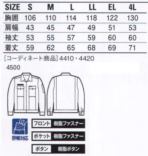 自重堂 4500 製品制電ストレッチジャンパー（前ファスナー） ※こちらの商品は取り寄せのため、ご注文から商品お届けまでに約4～5営業日（土日祝祭日除く）程の期間をいただいております。  サイズ／スペック