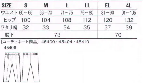 自重堂 45406 清涼レディースツータックパンツ 新快適28℃対応アゼックアゼックは冷房設定温度28℃に対応する涼しい素材。ポリエステルに特殊セラミックを練り込んだ繊維が太陽光を反射、クーリング効果を発揮します。また、「校倉造り構造」が優れた通気性を実現、サラッとした肌触りで汗のベトつき感がありません。※こちらの商品は取り寄せのため、ご注文から商品お届けまでに約4～5営業日（土日祝祭日除く）程の期間をいただいております。  サイズ／スペック