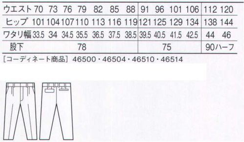 自重堂 46501 エコツータックパンツ 麻感覚の清涼素材が快適ワークをしっかりサポート。ワーカーの感性を刺激する、しなやかでシャープなライン。抜群の通気性と速乾性で、気になるベトつき感をシャットアウト。エコ環境負荷を軽減させるリサイクル素材を使用。清涼素材特殊糸のヨリ技法で、生地に高度な通気性を持つ「スキマ」を作った清涼素材。シャリ感があり、涼しく、商品の縫い映えする美しさが特長。※こちらの商品は取り寄せのため、ご注文から商品お届けまでに約4～5営業日（土日祝祭日除く）程の期間をいただいております。  サイズ／スペック