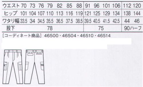 自重堂 46502 エコツータックカーゴパンツ 麻感覚の清涼素材が快適ワークをしっかりサポート。ワーカーの感性を刺激する、しなやかでシャープなライン。抜群の通気性と速乾性で、気になるベトつき感をシャットアウト。エコ環境負荷を軽減させるリサイクル素材を使用。清涼素材特殊糸のヨリ技法で、生地に高度な通気性を持つ「スキマ」を作った清涼素材。シャリ感があり、涼しく、商品の縫い映えする美しさが特長。右孫ポケット・ペン差し付きカーゴポケット小物やペンの収納に便利。※こちらの商品は取り寄せのため、ご注文から商品お届けまでに約4～5営業日（土日祝祭日除く）程の期間をいただいております。  サイズ／スペック