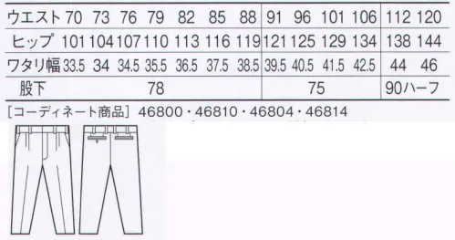 自重堂 46801 エコ製品制電ツータックパンツ 製造業＆ビルメンテナンス業に最適の高機能ペアユニフォーム。製造業やビルメンテナンス業に最適なペアユニフォーム。爽やかですっきりとしたシルエットが好印象を与え、パステルカラーを貴重としたカラーバリエーションとパイピングが清潔感を演出。製品制電帯電防止JIS T8118適合商品。エコ環境負荷を軽減させるリサイクル素材を使用。※こちらの商品は取り寄せのため、ご注文から商品お届けまでに約4～5営業日（土日祝祭日除く）程の期間をいただいております。  サイズ／スペック