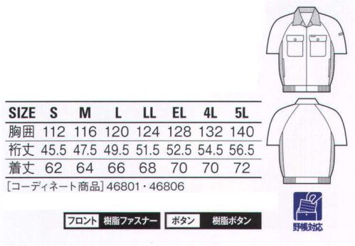 自重堂 46810 エコ製品制電半袖ブルゾン 製造業＆ビルメンテナンス業に最適の高機能ペアユニフォーム。製造業やビルメンテナンス業に最適なペアユニフォーム。爽やかですっきりとしたシルエットが好印象を与え、パステルカラーを貴重としたカラーバリエーションとパイピングが清潔感を演出。製品制電帯電防止JIS T8118適合商品。ウイングアームII脇から袖付けまでのオリジナル縫製により、脇下のつっぱり感をすっきり解消。エコ環境負荷を軽減させるリサイクル素材を使用。※こちらの商品は取り寄せのため、ご注文から商品お届けまでに約4～5営業日（土日祝祭日除く）程の期間をいただいております。  サイズ／スペック