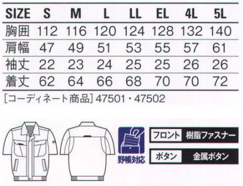 自重堂 47510 抗菌防臭半袖ブルゾン “銀”を纏いスタイリッシュに着こなす。生地裏に純銀の糸「ミューファン」を織り込むことで高い抗菌・防臭と帯電防止性を発揮。また、通気性に優れた裏綿素材でサラッとした着心地とスタイリッシュなデザインも大きな魅力。純銀の糸ミューファン抗菌・防臭性、帯電防止という、銀の特性を生かした素材です。銀イオンの効果で永続的な抗菌性を発揮し、導電性の高い「銀」ならではの機能性が静電気を放電・除去します。エコ環境負荷を軽減させるリサイクル素材を使用。グリーン購入法判断基準対応背当てメッシュ(プリント柄)清涼感があるメッシュの背当て。アクションプリーツ(メッシュ)腕がつっぱらないアクションプリーツ。※こちらの商品は取り寄せのため、ご注文から商品お届けまでに約4～5営業日（土日祝祭日除く）程の期間をいただいております。  サイズ／スペック