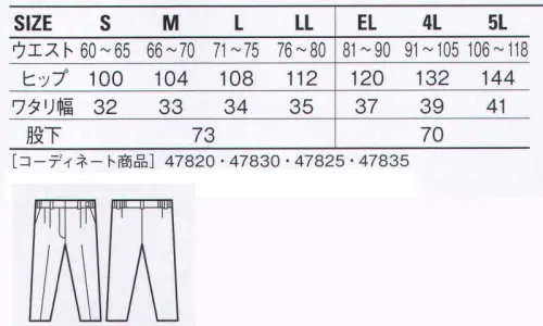 自重堂 47806 エコ5バリューレディースツータックパンツ(裏付) 多機能なペアユニフォームでどんなニーズにも対応。吸汗速乾加工を施し、ストレッチ機能を付加したエコ素材。作業中の腕のつっぱりを解消するためにウイングアームIIを採用するなど、様々なニーズに対応したユニフォームです。ストレッチストレッチ性のある素材でスムーズな動きをサポート。吸汗・速乾吸汗速乾性が高く、サラッとした着心地を実現。製品制電帯電防止JIS T8118適合商品エコ環境負荷を軽減させるリサイクル素材を使用。※こちらの商品は取り寄せのため、ご注文から商品お届けまでに約4～5営業日（土日祝祭日除く）程の期間をいただいております。  サイズ／スペック