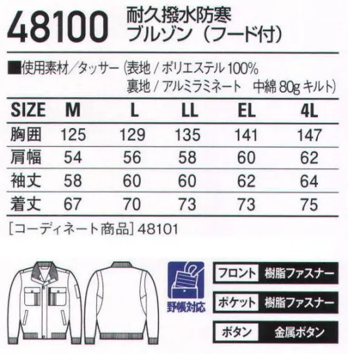 自重堂 48100 耐久撥水防寒ブルゾン（フード付） ホットに働くなら、熱を逃がさない裏アルミ「ウイングアーム」縦横プリーツ入りの立体的袖付けが、作業時のつっぱり感を解消。（48100・48103のみ）※こちらの商品は取り寄せのため、ご注文から商品お届けまでに約4～5営業日（土日祝祭日除く）程の期間をいただいております。  サイズ／スペック