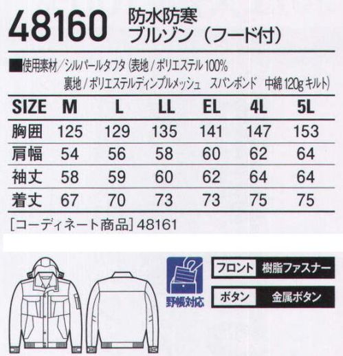 自重堂 48160 防水防寒ブルゾン（フード付） 防水・軽量防寒ウェアの神髄。※こちらの商品は取り寄せのため、ご注文から商品お届けまでに約4～5営業日（土日祝祭日除く）程の期間をいただいております。  サイズ／スペック