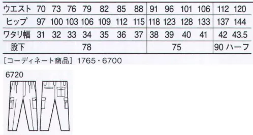 自重堂 6720 製品制電ストレッチツータックカーゴパンツ 耐久性を追求した「タフ」な一着。吸汗・速乾性に優れた三層構造糸を使用。激しくカラダを動かせる抜群のストレッチ性、多くのワーカーたちから認められてきたロングセラー商品。「製品制電」帯電防止JIS T8118適合商品「ストレッチ」ストレッチ性のある素材でスムーズな動きをサポート※こちらの商品は取り寄せのため、ご注文から商品お届けまでに約4～5営業日（土日祝祭日除く）程の期間をいただいております。  サイズ／スペック