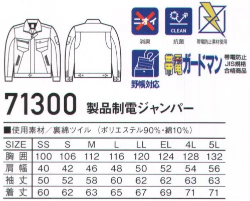 自重堂 71300 制電製品ジャンパー ソフトな風合いが魅力の裏綿素材運送業・製造業からオフィスワークまで対応可能。帯電防止JIS T8118適合ウェア。時代とともに多様化するニーズに応え、活躍するシーンを選ばない「Z-DRAGON」。世界へはばたくワーカーの為のブランド。※こちらの商品は取り寄せのため、ご注文から商品お届けまでに約4～5営業日（土日祝祭日除く）程の期間をいただいております。  サイズ／スペック