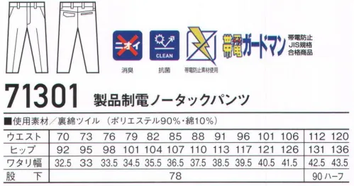 自重堂 71301 製品制電ノータックパンツ ソフトな風合いが魅力の裏綿素材運送業・製造業からオフィスワークまで対応可能。帯電防止JIS T8118適合ウェア。時代とともに多様化するニーズに応え、活躍するシーンを選ばない「Z-DRAGON」。世界へはばたくワーカーの為のブランド。※こちらの商品は取り寄せのため、ご注文から商品お届けまでに約4～5営業日（土日祝祭日除く）程の期間をいただいております。  サイズ／スペック