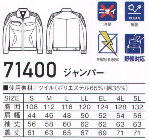 自重堂 71400 ジャンパー 丈夫でソフトな着心地のT/C素材刺し子を施し機能性とデザイン性に富んだ新シリーズ。時代と共に多様化するニーズに応え、活躍するシーンを選ばない「Z-DRAGON」。世界へはばたくワーカーの為のブランド。※こちらの商品は取り寄せのため、ご注文から商品お届けまでに約4～5営業日（土日祝祭日除く）程の期間をいただいております。  サイズ／スペック