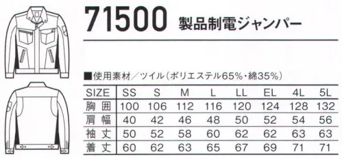 自重堂 71500 製品制電ジャンパー 丈夫でソフトな着心地のT/C素材あらゆる現場に対応する帯電防止JIS T8118適合ウェア時代と共に多様化するニーズに応え、活躍するシーンを選ばない「Z-DRAGON」。世界へはばたくワーカーの為のブランド。※SS・Sサイズはレディース対応シルエットになります。※こちらの商品は取り寄せのため、ご注文から商品お届けまでに約4～5営業日（土日祝祭日除く）程の期間をいただいております。  サイズ／スペック