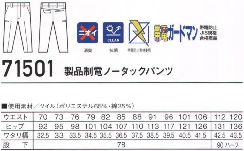 自重堂 71501 製品制電ノータックパンツ 丈夫でソフトな着心地のT/C素材あらゆる現場に対応する帯電防止JIS T8118適合ウェア時代と共に多様化するニーズに応え、活躍するシーンを選ばない「Z-DRAGON」。世界へはばたくワーカーの為のブランド。※こちらの商品は取り寄せのため、ご注文から商品お届けまでに約4～5営業日（土日祝祭日除く）程の期間をいただいております。  サイズ／スペック