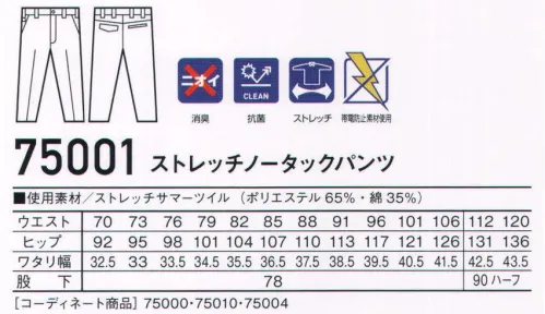 自重堂 75001 ストレッチノータックパンツ カジュアルベーシックなスタイリッシュ・ワークウェアブランド「Z-DRAGON」登場。様々な現場で働くワーカーと共に成長し続けるワークウェア。カジュアルベーシックでありながらスタイリッシュに着こなせる新しいスタイル。企業向けユニフォームとしてだけでなく、ファッションに敏感な個人ワーカーの心にも響く、洗練されたスタイルが魅力の一着。世代や性別を超え、全てのワーカーの心を掴む「Z-DRAGON」ブランド。時代と共に多様化するニーズに応え、活躍するシーンを選ばない。「Z-DORAGON」世界へはばたくワーカーの為のブランド。※こちらの商品は取り寄せのため、ご注文から商品お届けまでに約4～5営業日（土日祝祭日除く）程の期間をいただいております。  サイズ／スペック