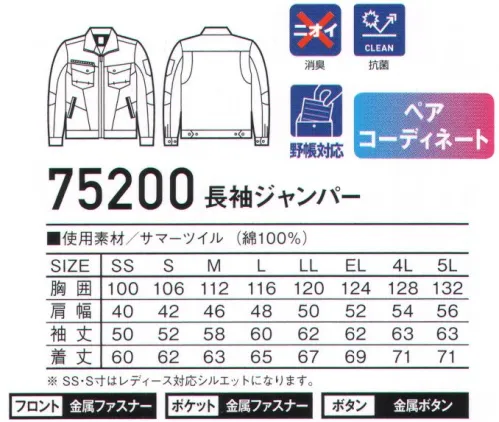 自重堂 75200 長袖ジャンパー 天然素材特有の着心地の良さと風合いが魅力ハードな現場に最適な綿100％カジュアルワークウェア。時代とともに多様化するニーズに応え、活躍するシーンを選ばない「Z-DRAGON」。世界へはばたくワーカーのためのブランド。※こちらの商品は取り寄せのため、ご注文から商品お届けまでに約4～5営業日（土日祝祭日除く）程の期間をいただいております。  サイズ／スペック