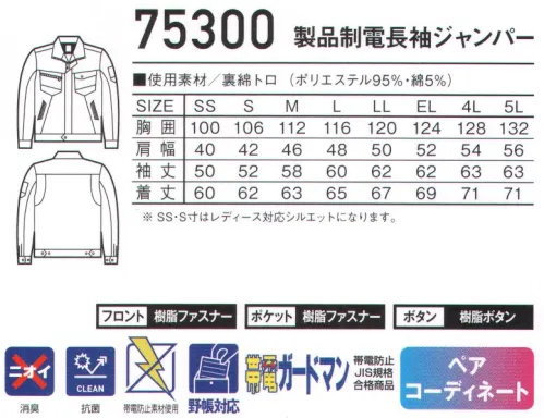 自重堂 75300 製品制電長袖ジャンパー 肌離れ性に優れた清涼感のある裏綿素材運送業・製造業からオフィスワークまで対応可能。帯電防止JIS T8118適合ウェア。時代と共に多様化するニーズに応え、活躍するシーンを選ばない「Z-DRAGON」。世界へはばたくワーカーの為のブランド。※こちらの商品は取り寄せのため、ご注文から商品お届けまでに約4～5営業日（土日祝祭日除く）程の期間をいただいております。  サイズ／スペック