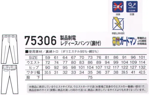 自重堂 75306 製品制電レディースパンツ（裏付） 肌離れ性に優れた清涼感のある裏綿素材運送業・製造業からオフィスワークまで対応可能。帯電防止JIS T8118適合ウェア。時代と共に多様化するニーズに応え、活躍するシーンを選ばない「Z-DRAGON」。世界へはばたくワーカーの為のブランド。※こちらの商品は取り寄せのため、ご注文から商品お届けまでに約4～5営業日（土日祝祭日除く）程の期間をいただいております。  サイズ／スペック