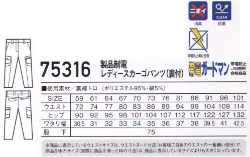 自重堂 75316 製品制電レディースカーゴパンツ（裏付） 肌離れ性に優れた清涼感のある裏綿素材運送業・製造業からオフィスワークまで対応可能。帯電防止JIS T8118適合ウェア。時代と共に多様化するニーズに応え、活躍するシーンを選ばない「Z-DRAGON」。世界へはばたくワーカーの為のブランド。※こちらの商品は取り寄せのため、ご注文から商品お届けまでに約4～5営業日（土日祝祭日除く）程の期間をいただいております。  サイズ／スペック