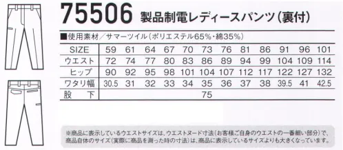 自重堂 75506 製品制電レディースパンツ（裏付） Z-DRAGON丈夫でソフトな着心地のT/C素材あらゆる現場に対応する帯電防止JIS T8118適合ウェア。時代と共に多様化するニーズに応え、活躍するシーンを選ばない「Z-DRAGON」。世界へはばたくワーカーの為のブランド。※こちらの商品は取り寄せのため、ご注文から商品お届けまでに約4～5営業日（土日祝祭日除く）程の期間をいただいております。  サイズ／スペック