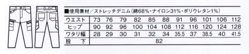 自重堂 76102 ストレッチノータックカーゴパンツ Z-DRAGON接触冷感機能糸を使用したストレッチデニム素材ブリーチ加工で表情に変化を付けたハイブリッドモデルシリーズ※こちらの商品は取り寄せのため、ご注文から商品お届けまでに約4～5営業日（土日祝祭日除く）程の期間をいただいております。  サイズ／スペック