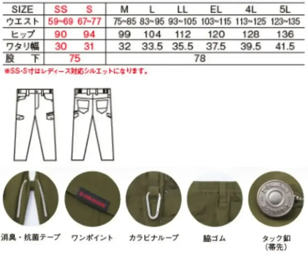 自重堂 77702 ストレッチノータックカーゴパンツ サイズ・スペック