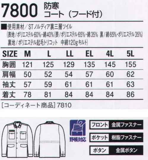 自重堂 7800 防寒コート（フード付） 丈夫さと温かさが愛される理由。耐久性抜群の「裏綿三層構造糸」がハードワーカーたちの間で定評のあるロングセラー・シリーズです。●落し込み収納式フード●胴裏●衿ボア仕様（取り外し式）●ワンポイント●内ポケット●腰ひも付●袖口内ジャージ仕様※衿ボアを外して着用することができます。※こちらの商品は取り寄せのため、ご注文から商品お届けまでに約4～5営業日（土日祝祭日除く）程の期間をいただいております。  サイズ／スペック