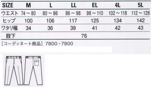 自重堂 7810 防寒パンツ 丈夫さと温かさが愛される理由。耐久性抜群の「裏綿三層構造糸」がハードワーカーたちの間で定評のあるロングセラー・シリーズです。※こちらの商品は取り寄せのため、ご注文から商品お届けまでに約4～5営業日（土日祝祭日除く）程の期間をいただいております。  サイズ／スペック